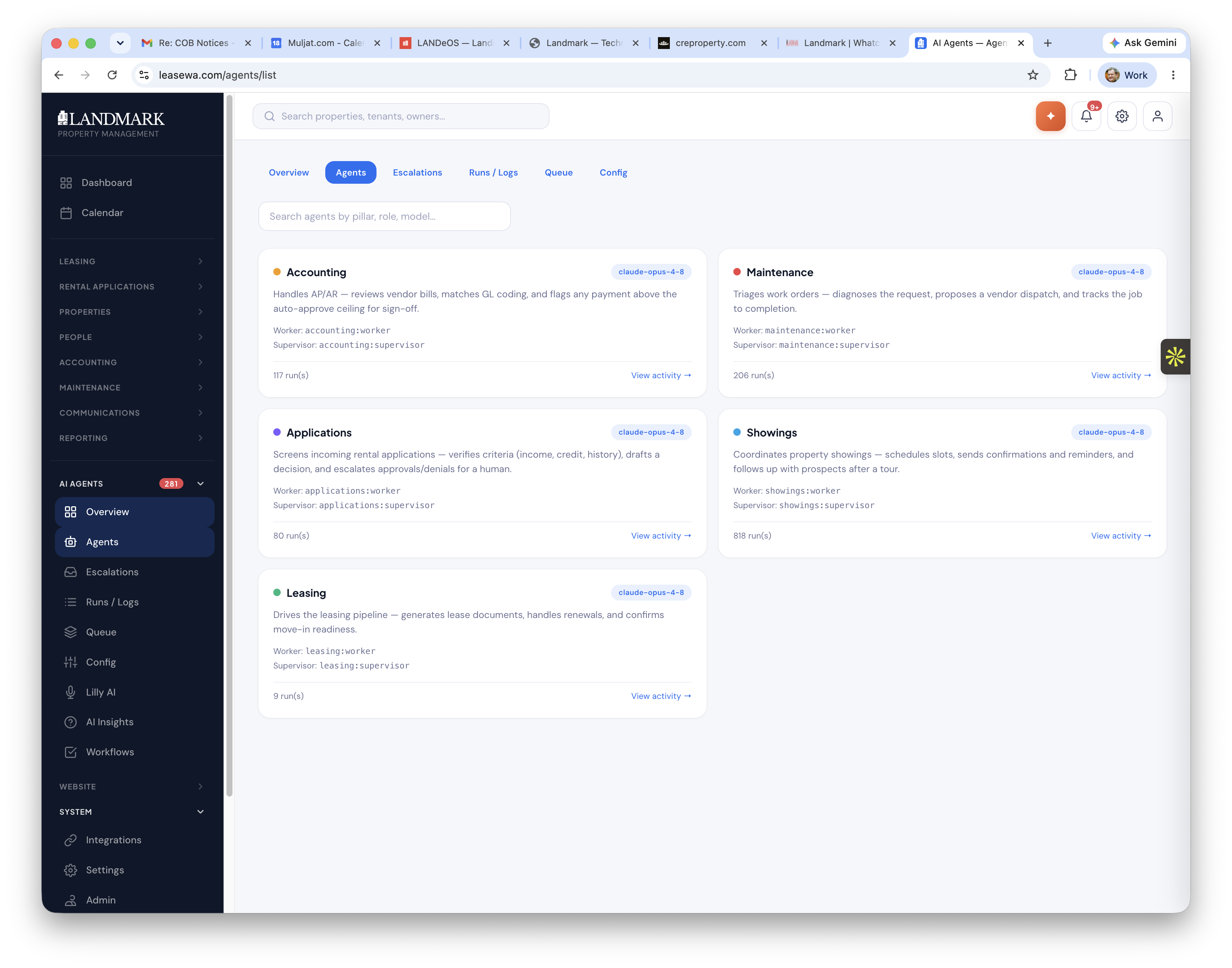 Landmark AI agents roster — worker and supervisor pairs per pillar, running on Claude Opus