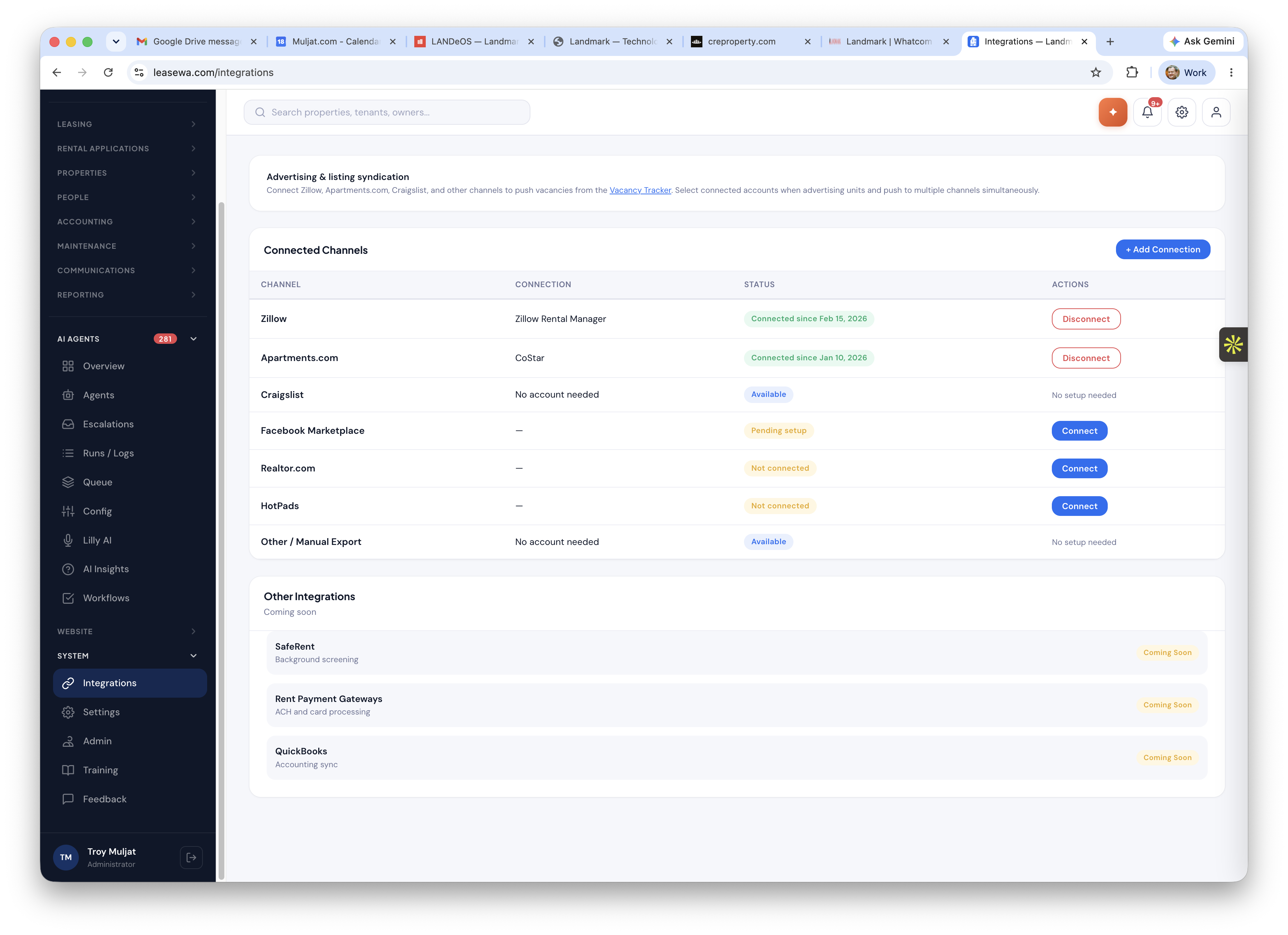Integrations — Zillow, CoStar, Craigslist, QuickBooks, screening, payments